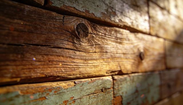 Sunlit Weathered Wood Planks with Peeling Teal Paint Knots and Rustic Texture Close-Up