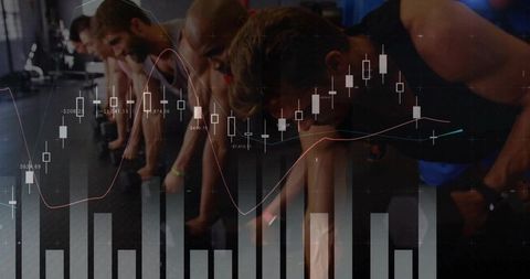 Athletes performing dumbbell rows with financial graph overlay