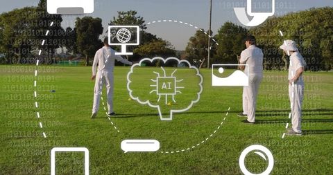 Cricket players training on grass field with ai coaching overlay and tech icons