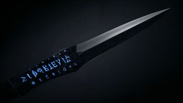 Ceremonial blackened dagger with marbled hilt and luminous blue runes glowing along blade