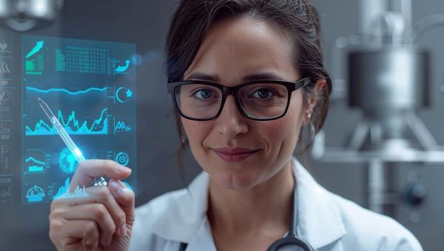 Female physician interacting with holographic medical data using stylus in lab