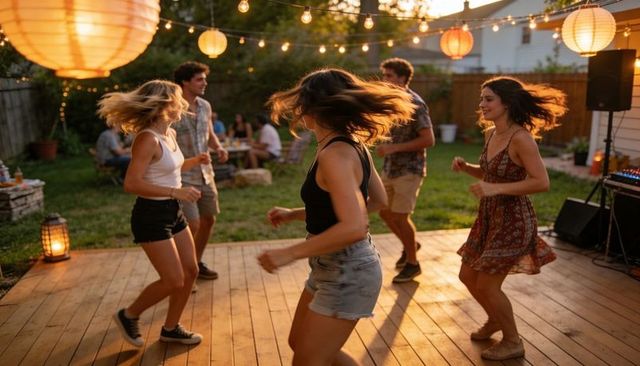 Young friends dancing on backyard deck under string lights and lanterns at golden hour