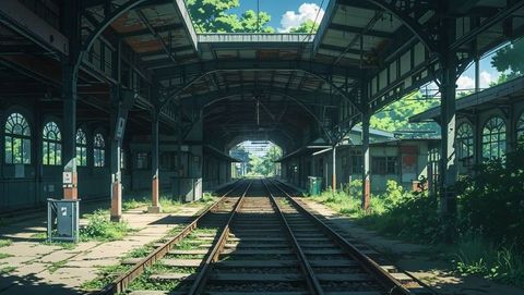Abandoned historic railway platform with overgrown vegetation