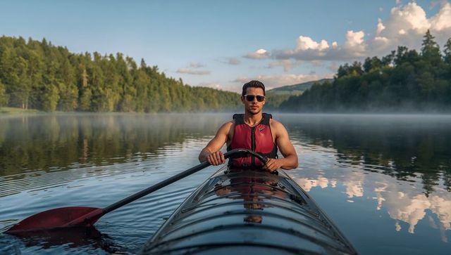 Paddling kayaker wearing red life vest and sunglasses on misty calm lake at sunrise