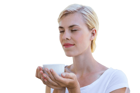 Serene Woman with Blond Hair Holding Coffee Cup on Transparent Background - Download Free Stock Videos Pikwizard.com