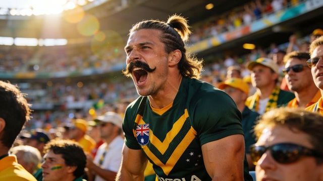 Passionate sports fan shouting in sunlit stadium wearing green gold jersey with flag patch