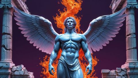 Majestic winged lucifer angel in ruins with fiery background
