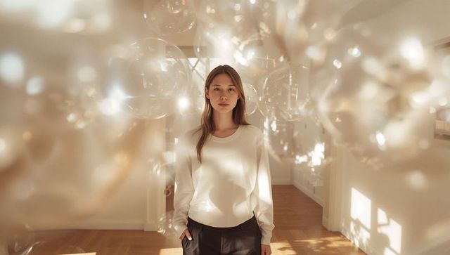 Serene woman standing among glass orbs in sunlit minimalist interior with soft bokeh