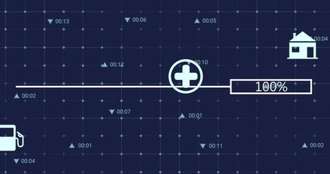 Digital progress bar with icons and data analysis grid