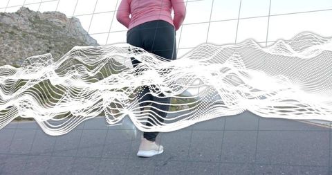 Runner on Mountain Road with Waveform Accents Showing Fitness Energy