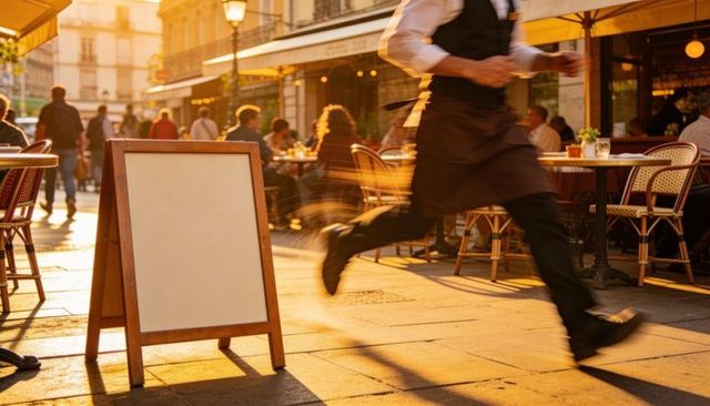 Running server dashing past sidewalk sandwich board at sunlit urban bistro, golden hour