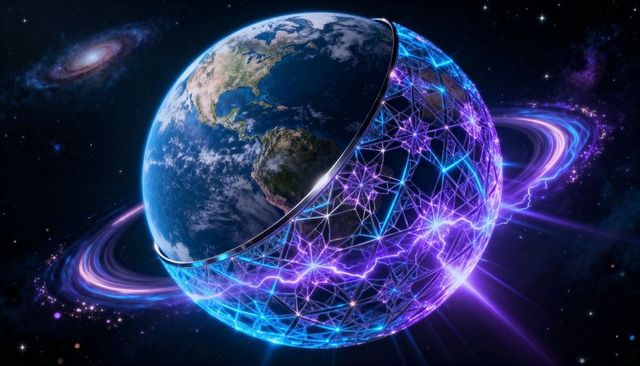 Earth rotating inside neon tech shell with glowing lattice, electric arcs and cosmic rings