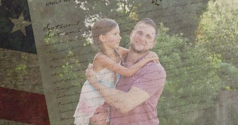Caucasian Father and Daughter with American Flag Overlay