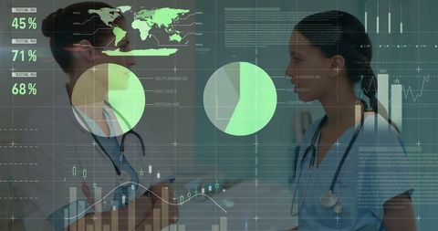 Nurses collaborating amidst digital data overlay in hospital