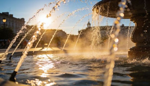 Sunlit ornate fountain jets creating golden mist over urban plaza at sunset