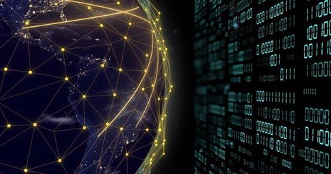 Globe Night Network with Golden Nodes and Teal Binary Matrix Conveying Global Data Flow
