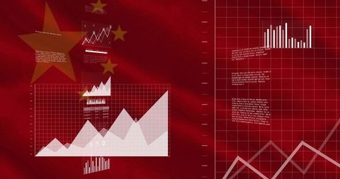 China Market Data Visualization Showing Financial Charts and Analytics Over Red Flag