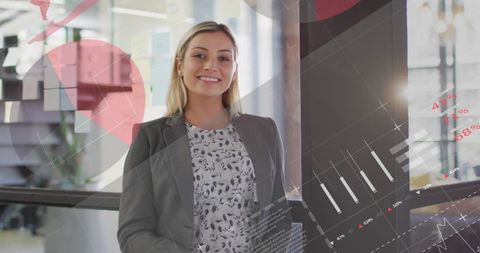 Businesswoman Surrounded by Modern Digital Charts in Office