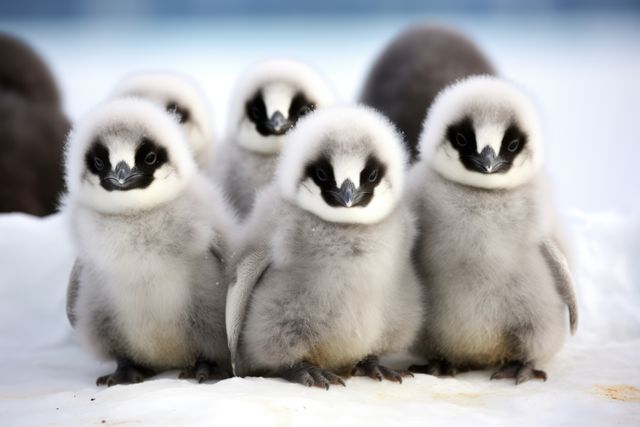 Five baby penguins with fluffy plumage standing closely together on a snowy surface. Their soft feathers contrast with the snow around them, creating an adorable and heartwarming scene. Perfect for themes related to wildlife, nature, animal behavior, winter, cold environments, and cuteness. Ideal for educational projects, children's books, environmental campaigns, and wildlife conservation materials.