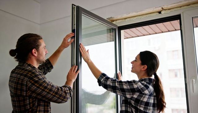 Couple installing sliding glass door in urban apartment renovation teamwork diy