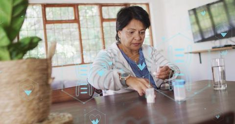 Senior woman organizing medication at home with digital health overlays and calm daylight
