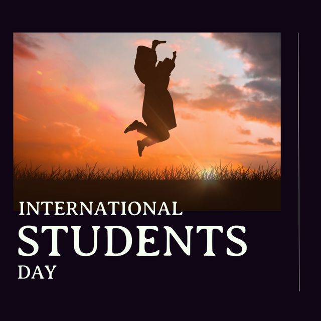 The image depicts a graduate jumping in celebration against a dramatic sunset and cloudy sky backdrop, symbolizing achievement and joy for International Students Day. This image is highly versatile and can be used for advertisements, posters, educational websites, and social media posts promoting student achievements or educational events and festivities.
