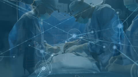 Diverse Surgeons Operate Amidst Digital Data Interface
