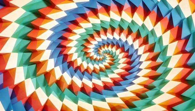 Spiraling diamond tessellation forming vibrant kaleidoscopic geometric tunnel illusion