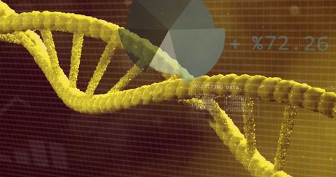Yellow dna double helix with holographic data hud and pie chart for genomic analytics