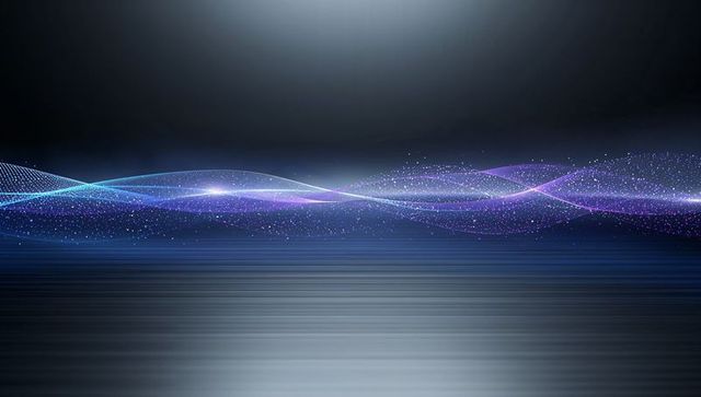 Luminous Particle Waveform Over Reflective Dark Digital Stage With Neon Ribbon Grid
