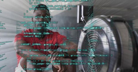 Man Rowing in Gym with Digital Data Visualization Overlay