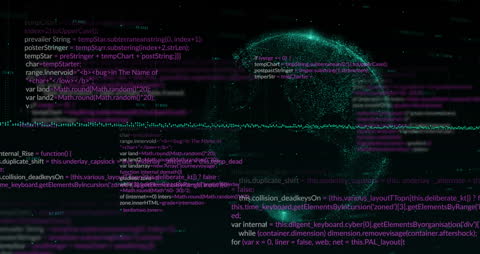 Digital Code and Holographic Globe in Black Background