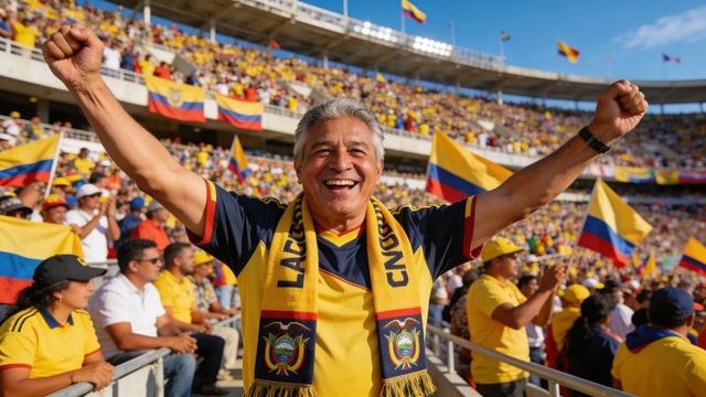Ecuadorian football fan celebrating in stadium, raising arms, waving flags and wearing scarf