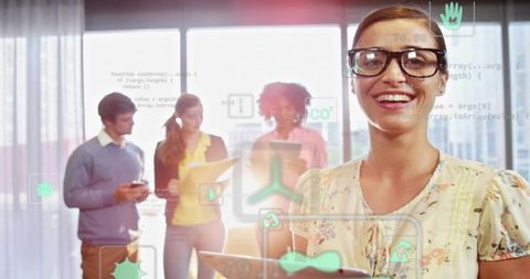 Smiling woman holding tablet with ar overlays and team collaborating in modern office cityscape