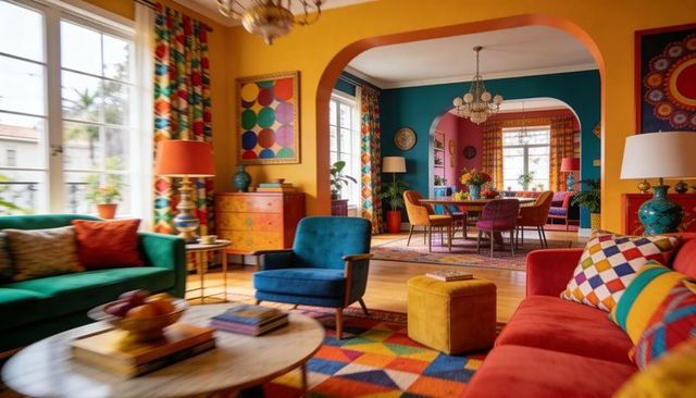Showcasing sunlit eclectic living room with colorful seating cluster and patterned textiles