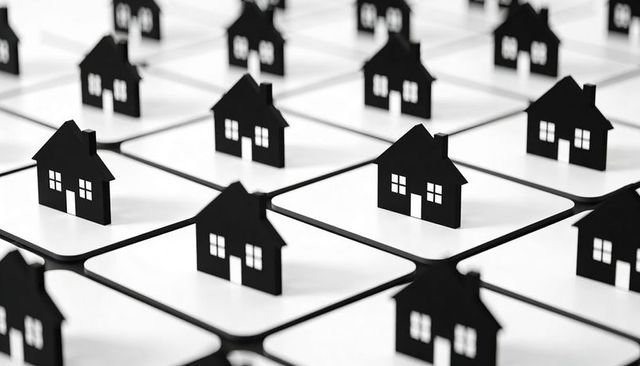 Monochrome grid of house silhouettes on rounded tiles representing real estate network