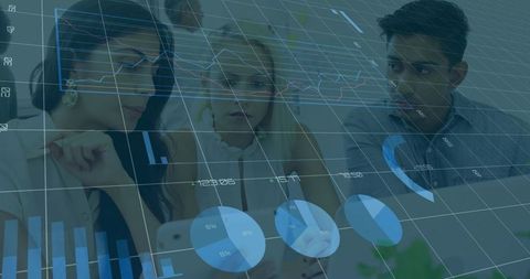 Business team analyzing mobile data with interactive charts and financial dashboards