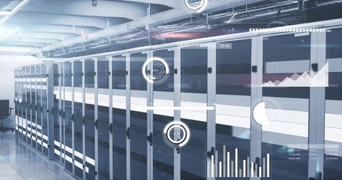 Modern data center server racks with hud analytics overlays monitoring network performance