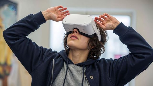 Teen Adapting to Wireless VR Headset in Modern Tech Space