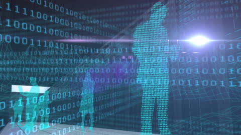 Futuristic Digital Landscape with Binary Code and Virtual Figures