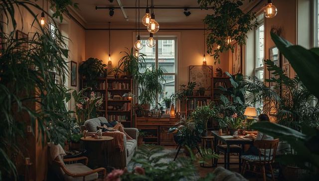 Cozy plant-filled living room featuring reading nook, warm amber lighting and bookshelves