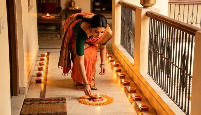 Indian woman decorating rangoli and lighting diya on diwali corridor lined with earthen lamps