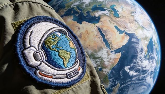 Embroidered astronaut patch on olive flight jacket with planet earth background