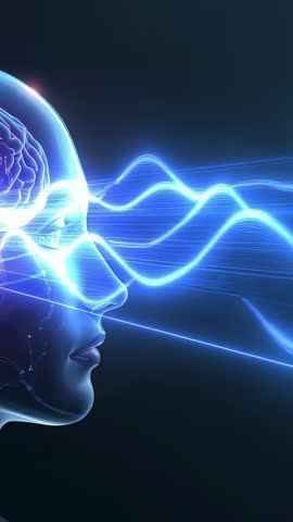 Vertical video glowing human head emitting neural waves and dynamic brain activity visualization