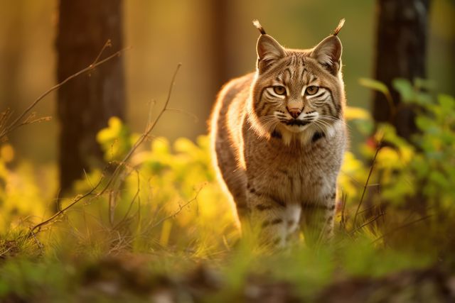 Bobcat walking through forest bathed in warm sunlight. Perfect for use in wildlife magazines, nature photography displays, and educational materials about North American wildlife.