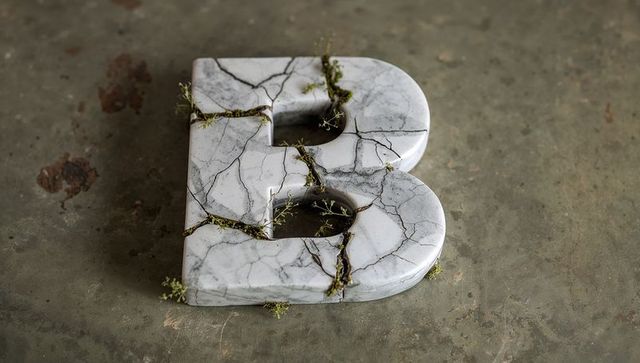 Cracked marble letter b with moss on concrete floor