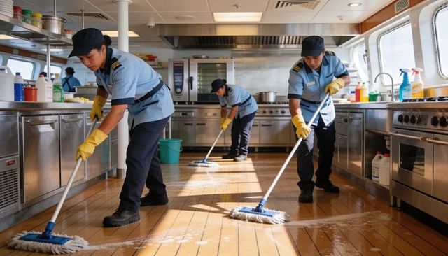 Sunlit ship galley crew mopping stainless commercial kitchen team cleaning and hygiene