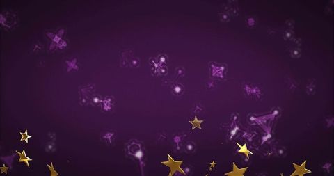 Floating gold stars on purple cosmic bokeh background for festive abstract wallpaper