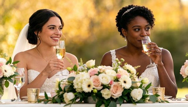 Two brides toasting during garden reception with lush floral centerpiece and champagne