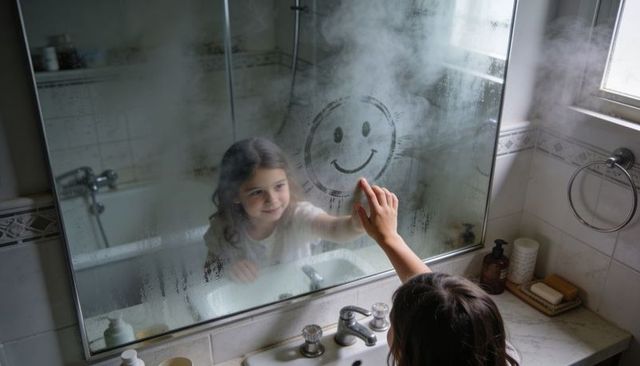 Girl drawing smiley on fogged bathroom mirror in morning light, playful childhood moment